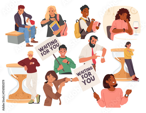 Diverse people cartoon characters waiting someone late looking at wristwatch, holding banners set
