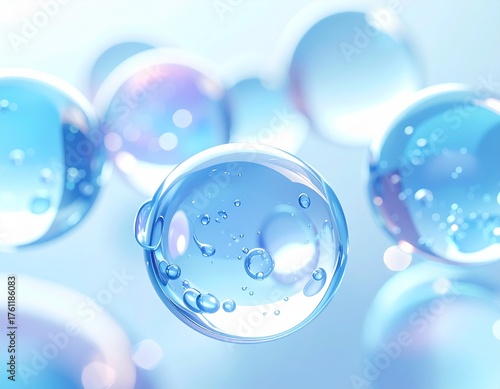 みずみずしい美容成分カプセルが浮かぶ透明感あふれるスキンケアイメージ