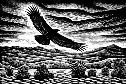vector of a single, majestic vulture silhouette circling over a vast, arid landscape