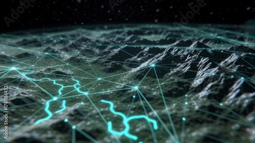 A futuristic high-tech map displaying geo-location triangulation graphics and digital overlays, showcasing advanced GPS tracking, global connectivity, and cinematic visualization of modern navigation