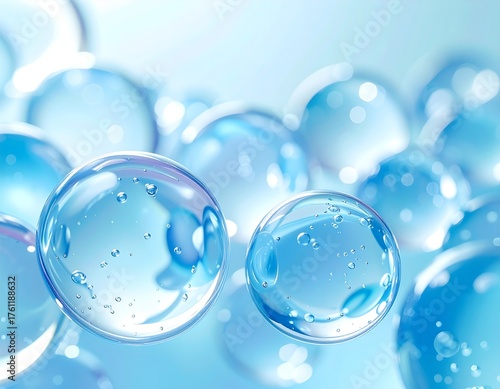 透明な水分カプセルが浮かぶ保湿・美容成分のマクロイメージ　ジェネレーティブAI