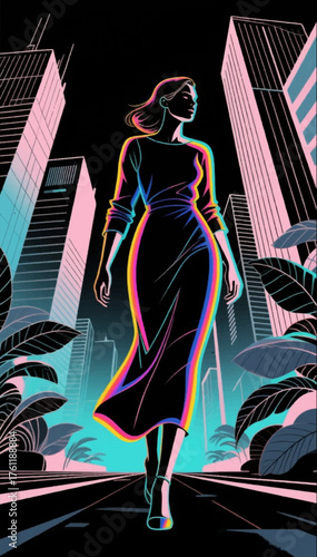 A vivid illustration with colorful tones of a woman walking in a megalopolis along a street with skyscrapers on a black background. Vector graphics. EPS.