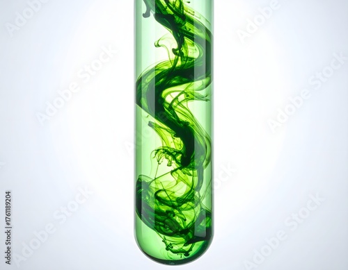 Close-up of a bright green, transparent, luminous 3D digital test tube, with abstract internal swirls suggesting purification or removal of toxins. It is set against a soft, clean white background.