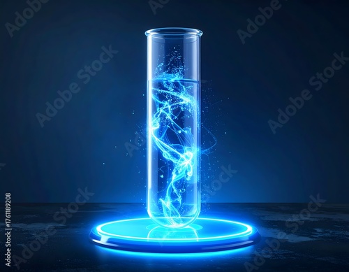 Close-up of a bright blue, transparent, luminous 3D digital test tube, with dynamic energy particles visibly charging. It rests on a minimalist, glowing platform against a dark, background