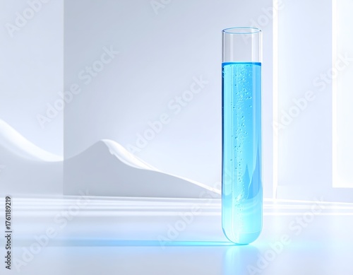 Close-up of a bright blue, transparent, luminous 3D digital test tube, radiating pure, clean light. It is suspended in a minimalist, bright white space with soft, ethereal glows.