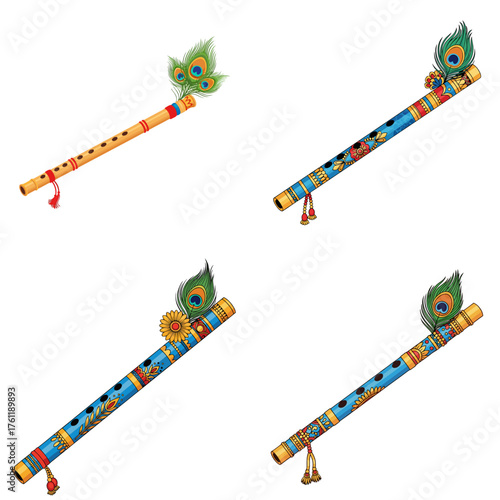 Indian Krishna Flute (Bansuri) set featuring colorful designs, white background, isolated, vector, set, Karwa Chauth    