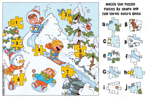 Winter puzzle game for kids. Match the puzzle pieces by shape and find three extra ones. Fun educational worksheet for preschool learning, logical thinking, and attention training. Spot it