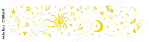 Set of yellow hand drawn crayon outer space design elements on white background. Cosmic celestial pattern with Moon, Sun, shooting stars, planets, comets. Zodiac, magic, mystic astrology star design