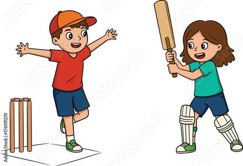 Children playing cricket, cartoon style, joyful sports moment, celebration, wicket success, colorful illustration, outdoor activity, teamwork, batting, stumps, summer fun