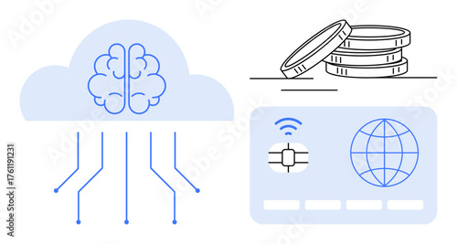 Brain within cloud representing AI, stacked coins for digital finance, smart chip card and globe for international connectivity. Ideal for technology, AI, innovation, finance, payments, global