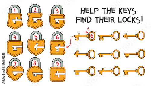 Logic puzzle for kids with locks and keys. Match each key to the correct lock. Educational activity for children to develop attention, thinking, and matching skills. Spot it