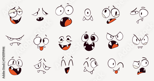 Funny cartoon monster faces set. Hand-drawn doodle emotions with big eyes and fangs. Cute and scary expressions collection for stickers, comics, or Halloween design. Set