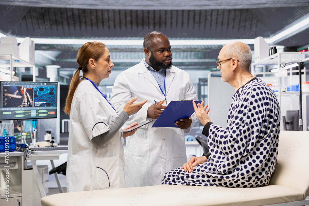 Obraz premium Team of scientists conducting clinical research and testing on a patient to evaluate new drug effects, monitoring vitals. People study reactions, progress in healthcare development.