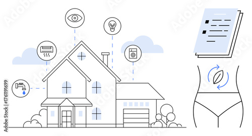 House connected with smart appliances and energy-saving features, document symbolizing home planning, eco-friendly habits, and body orientation. Ideal for technology, energy, eco-living