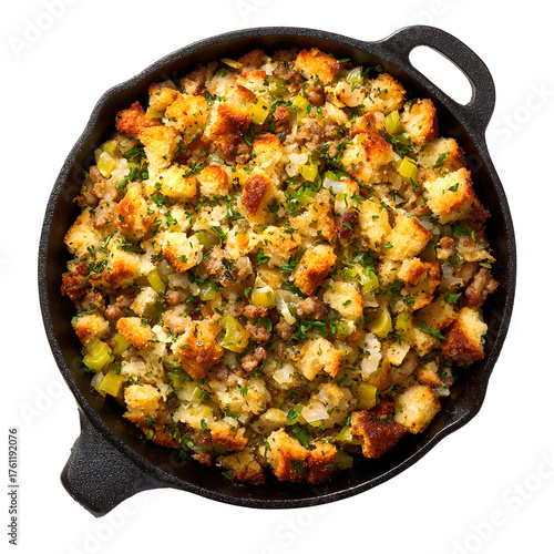 Sausage and herb stuffing in cast iron skillet isolated on transparent background