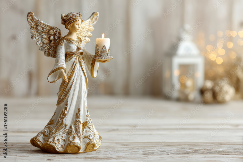 Fototapeta premium Decorative Christmas angel figurine holding a candle on a wooden table with soft festive lights