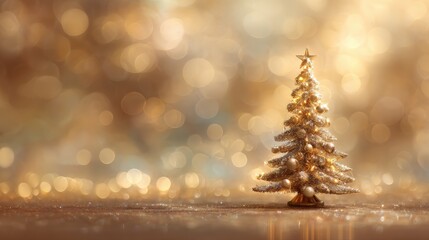 gold christmas background of defocused lights with decorated tree 