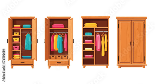 Four wooden wardrobes with clothing and storage options displayed openly