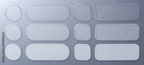Transparent liquid glass morphism vector blank circle square and rectangle button frame or banner set. Futuristic UI elements for modern design.
