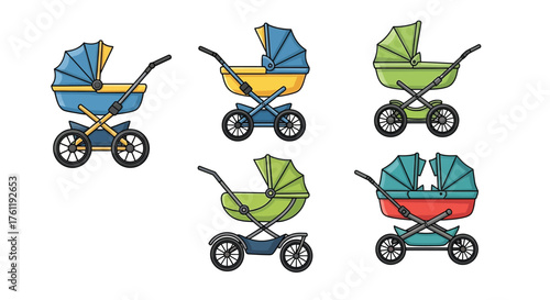 Colorful illustrated baby strollers in various designs and vibrant shades