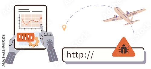 Robotic hands analyzing data on a tablet, airplane tracking trajectory, and malware warning in browser link. Ideal for technology, automation, cybersecurity, aviation, AI, analytics transportation