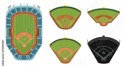 Baseball stadium top view illustrations in various colors and monochrome