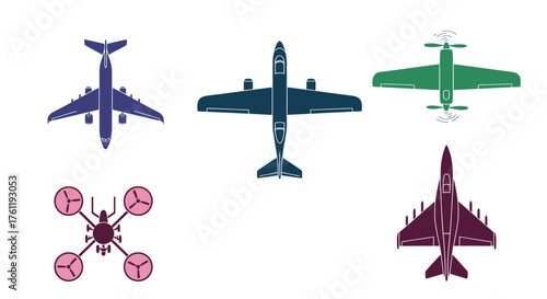 Collection of aerial vehicles including airplanes drones and a helicopter