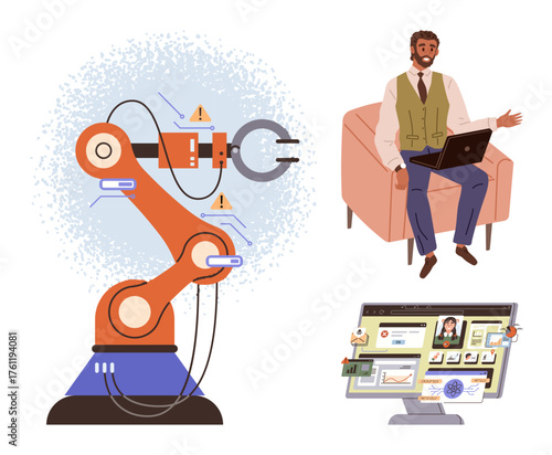 Engineer with laptop seated on a chair monitors a collaborative robot arms operation. Interface screen highlights diagnostics. Ideal for technology, AI, automation, safety, innovation, teamwork