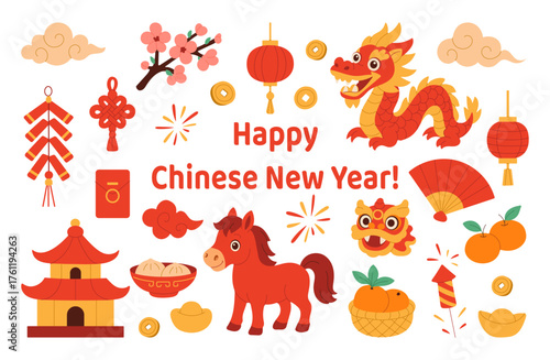 A vibrant poster featuring various Chinese New Year symbols, including a dragon, a horse, and lanterns. The poster is titled "Happy Chinese New Year" and is designed to celebrate the festive occasion