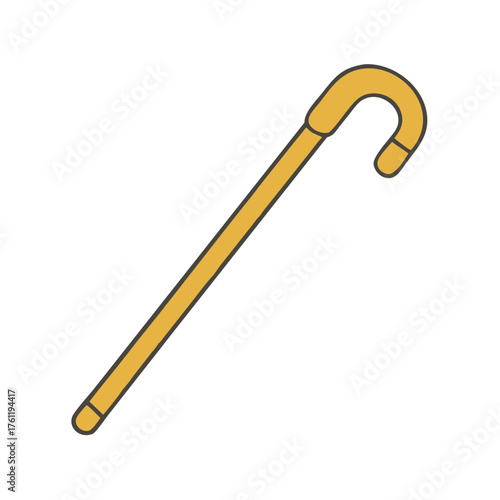 Illustration of a wooden walking cane for mobility assistance and support with curved handle design