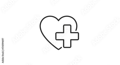 A simple line art icon of a heart with a medical cross inside