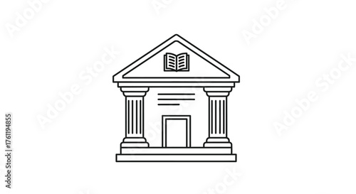 Simple line drawing of a classical building with columns and book symbol