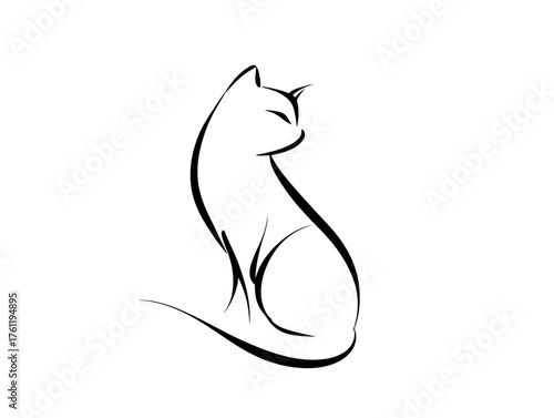 A single continuous line drawing of a cat in a human-like sitting pose, one paw raised as if casting a subtle spell.
