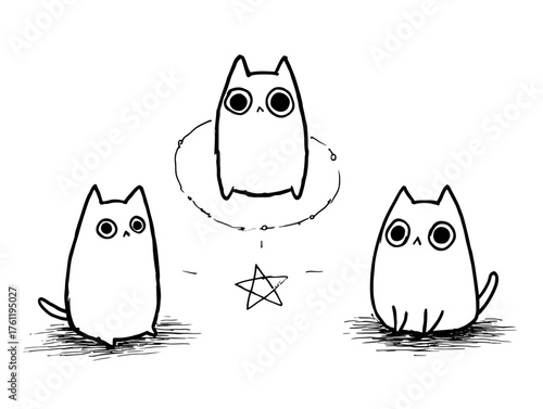 A set of three simple stick-figure cats in mystical poses: circling a crystal, staring intently, and sitting in a pentagram.