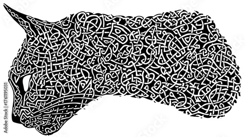The silhouette of a cat's head formed from an intricate, endless Celtic knotwork pattern.