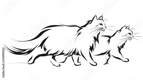A continuous line art drawing of two large, fluffy cats walking side-by-side, representing Freya's chariot-pullers.