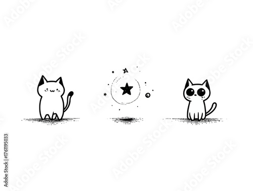 A set of three simple stick-figure cats in mystical poses: circling a crystal, staring intently, and sitting in a pentagram.
