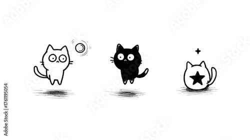 A set of three simple stick-figure cats in mystical poses: circling a crystal, staring intently, and sitting in a pentagram.