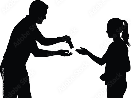 Adult dispensing sanitizer to child silhouette cartoon illustration, symbolic care and expressive gesture artwork for hygiene and lifestyle design