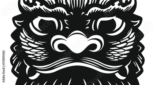 A stylized, symmetrical vector illustration of a Chinese Guardian Lion's face, suitable for a logo or emblem.