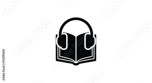 An open book with headphones integrated into its design black silhouette