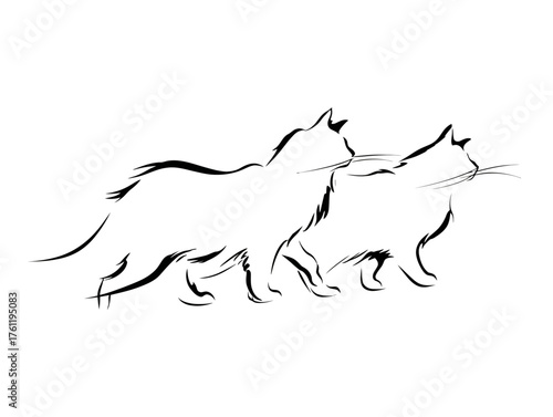A continuous line art drawing of two large, fluffy cats walking side-by-side, representing Freya's chariot-pullers.