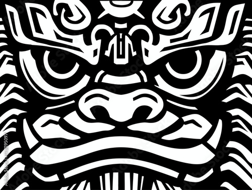 A stylized, symmetrical vector illustration of a Chinese Guardian Lion's face, suitable for a logo or emblem.