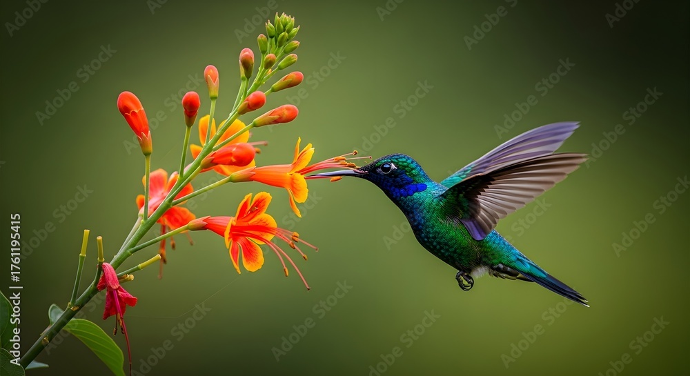 Fototapeta premium Hummingbird in Mid-Flight Feeding from Vibrant Flowers — Iridescent Feathers and Natural Pollination in Lush Green Setting