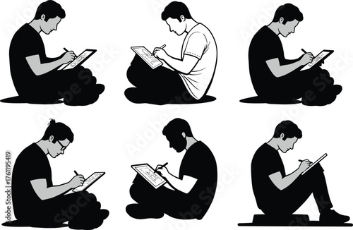 Digital artist silhouette, tablet drawing posture, stylus use, creative process, seated profile, remote work, note taking, sketching, concentration, hairstyle