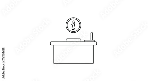 Simple line drawing of a reception desk with an information symbol above