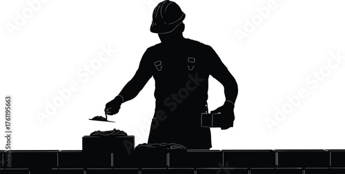 Construction worker building brick wall silhouette cartoon illustration, symbolic labor and expressive gesture artwork for infrastructure design