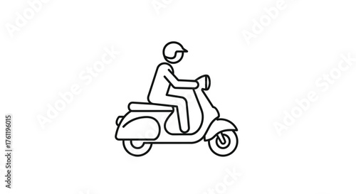 Simple line drawing depicts a person riding a scooter vehicle