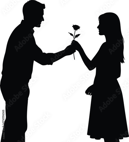 Couple exchanging rose silhouette cartoon illustration, symbolic affection and expressive gesture artwork for romance and emotional storytelling design