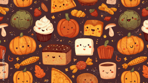 Kawaii cuisine in the autumn. Happy Thanksgiving and typical adorable icons for Halloween.